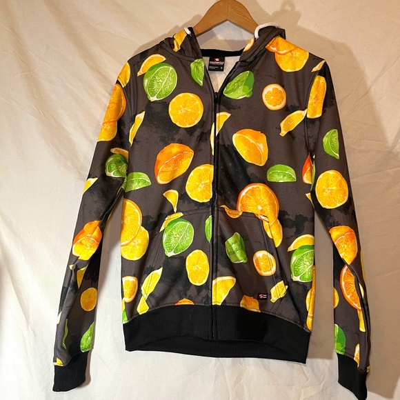 Southpole Hoodie Men Small Zip Up Sweatshirt All Over Print Lemon Lime Black Y2K - Picture 1 of 6